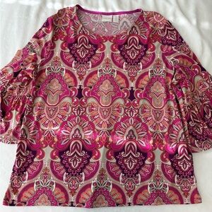 Chico's 3 Size XL Knit Blouse Top 3/4 Ruffle Sleeve Paisley Multicolor E59
